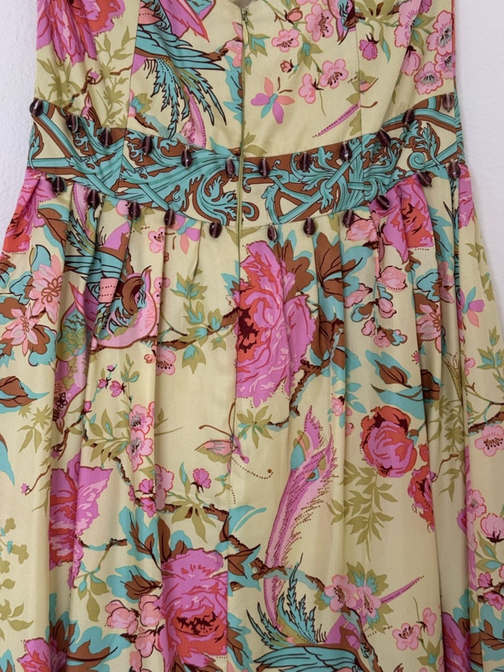Plenty Strapless Silk Dress Floral Bird Print Yellow Pink Womens 4 Mini - Picture 9 of 14